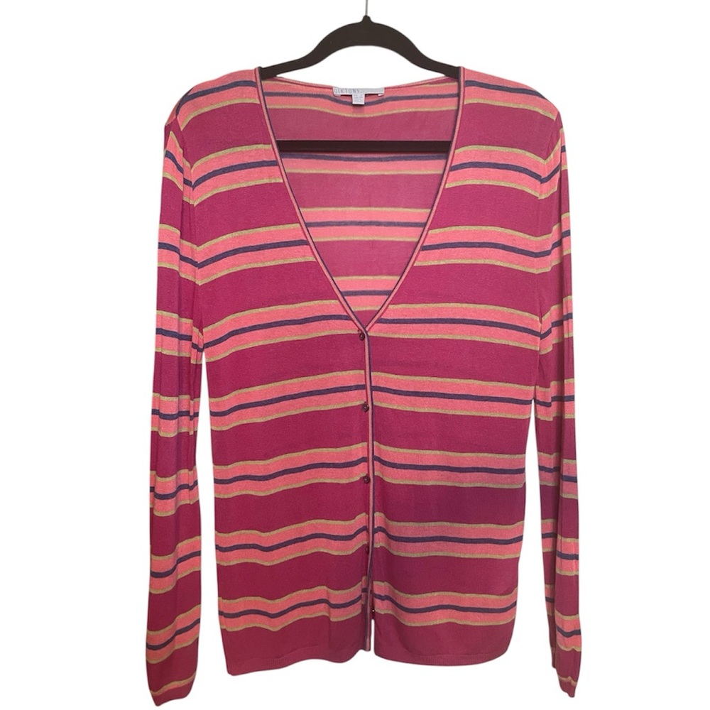 Diktons Barcelona Stripe Preppy Lightweight Cardigan Pink Navy Chartreuse –L